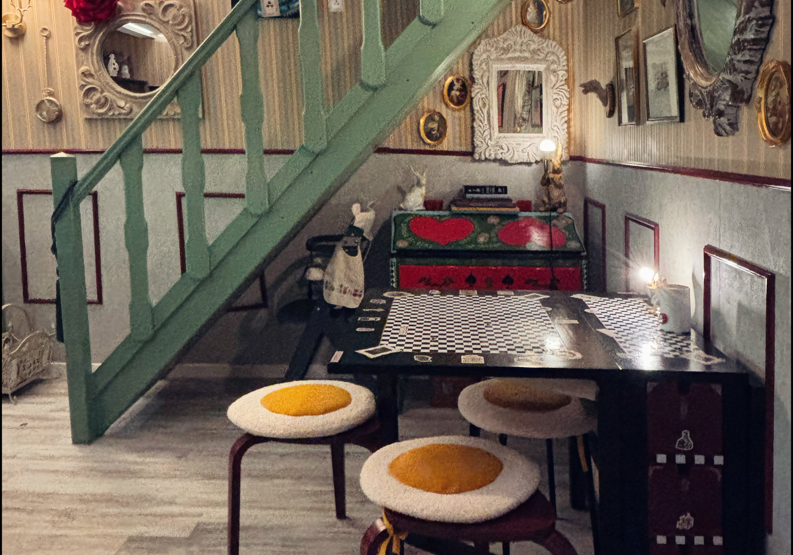 Salle de bain mosaïque avec vasque et miroir décoré, style conte de fées — chambre d'hôte Wonderland21 près de Disneyland Paris