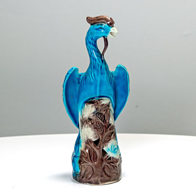 Petit vase décoratif émaillé bleu et brun avec ornements, brocante Wonderland21