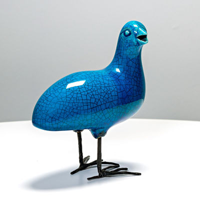 Oiseau bleu en céramique émaillée sur pattes métalliques, style vintage Wonderland21