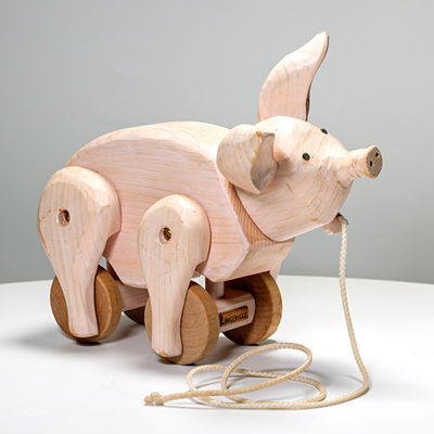 Jouet cochon en bois naturel à tirer avec ficelle, jouet ancien Wonderland21